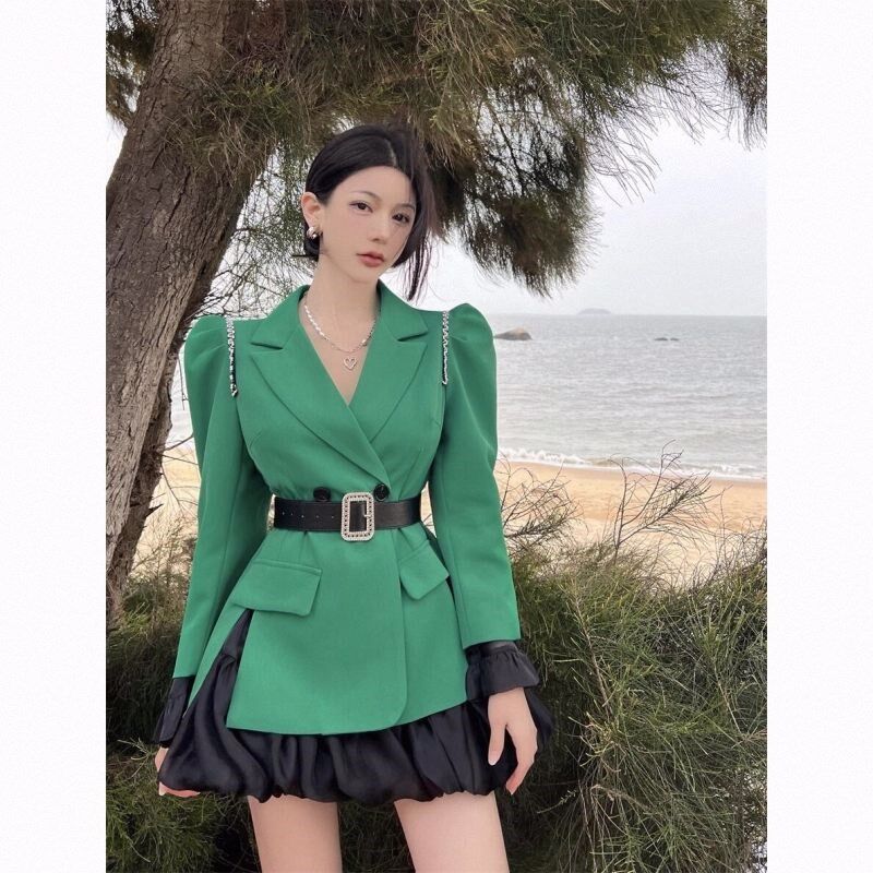 气质系带收腰显瘦西装外套高腰蓬蓬半身裙两件套装女秋季2024新款