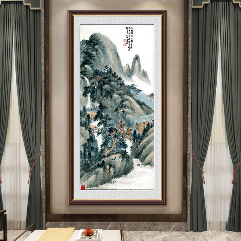 张大千山水国画玄关装饰画新中式国风客厅入户画茶社隔断自粘墙贴