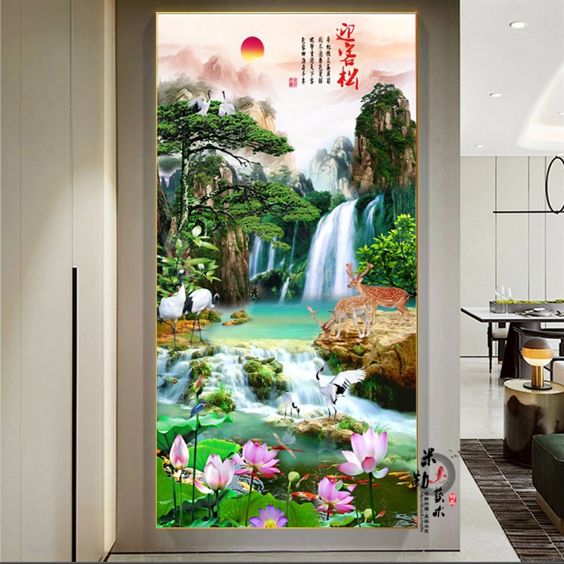 玄关挂画鸿运当头装饰画中式山水壁画楼梯走廊过道客厅晶瓷画竖版