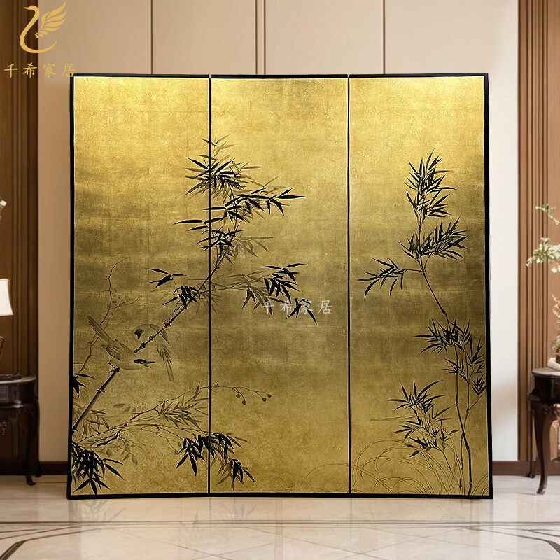 中古风手绘漆画竹子金箔屏风侘寂风茶室客厅沙发办公室背景折叠屏