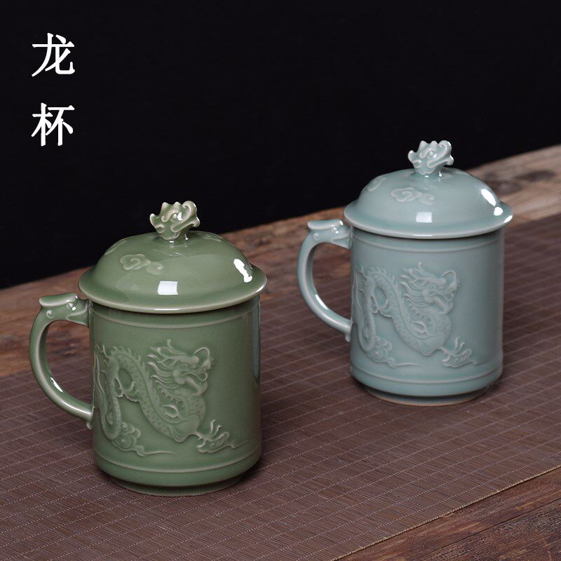 欣和青瓷茶杯陶瓷茶杯主人单杯办公室泡茶水杯家用带盖杯龙杯定制