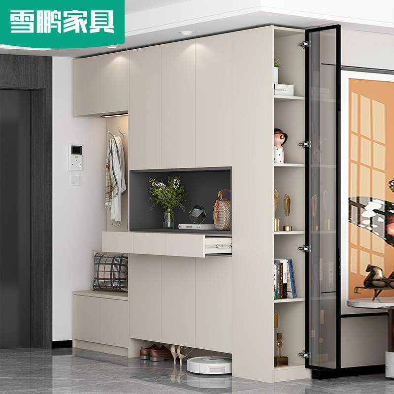 简约玄关进门高柜到顶入户鞋柜门口收纳柜换鞋凳一体带镜子6N31