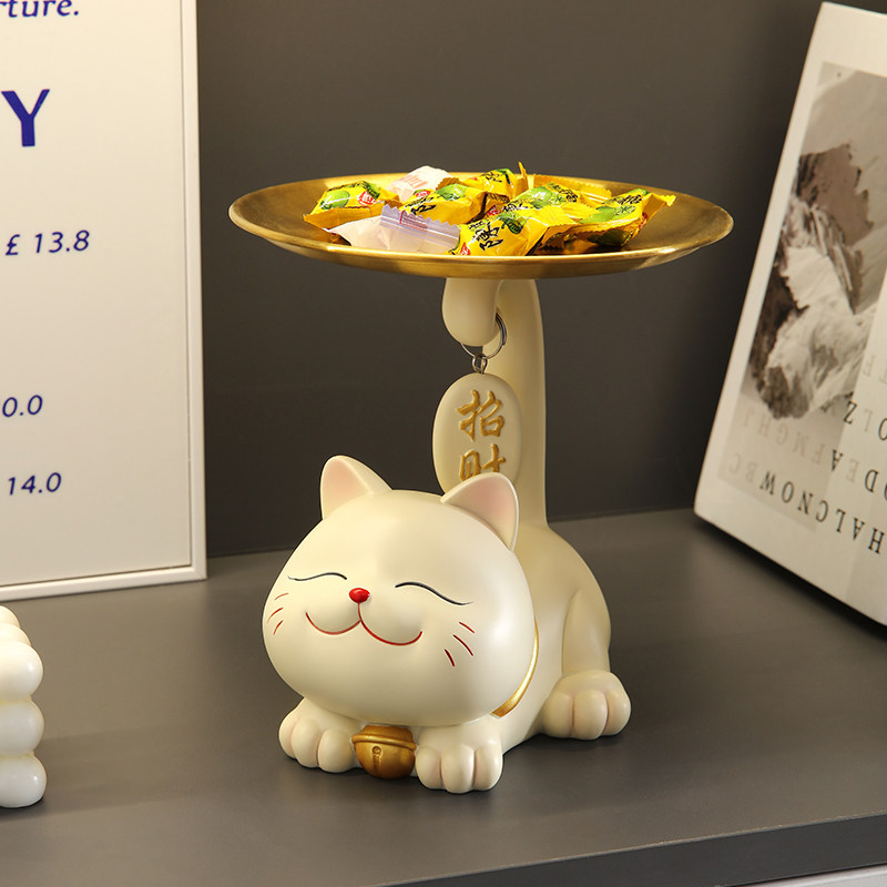 招财猫装放糖果盘子酒店前台吧台接待零食水果盘客厅家用托盘摆件