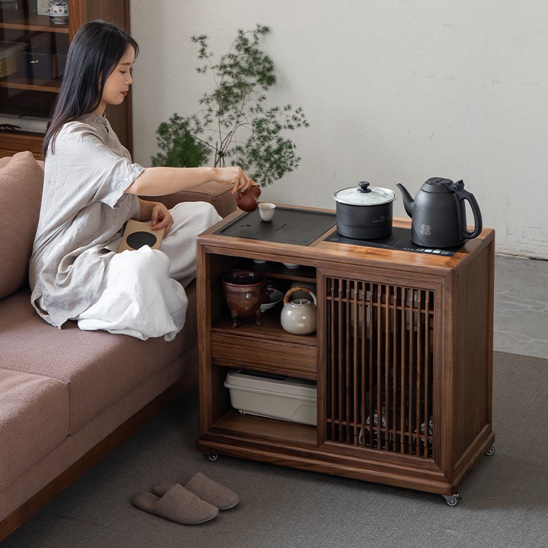 璞木新中式移动茶水柜黑胡桃实木茶边柜台小型家用烧水壶一体边几