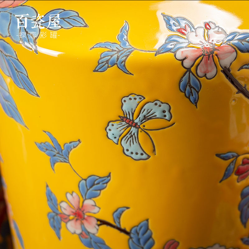 高档新中式古典陶瓷储物罐装饰罐黄色手绘彩绘客厅茶几田园摆件