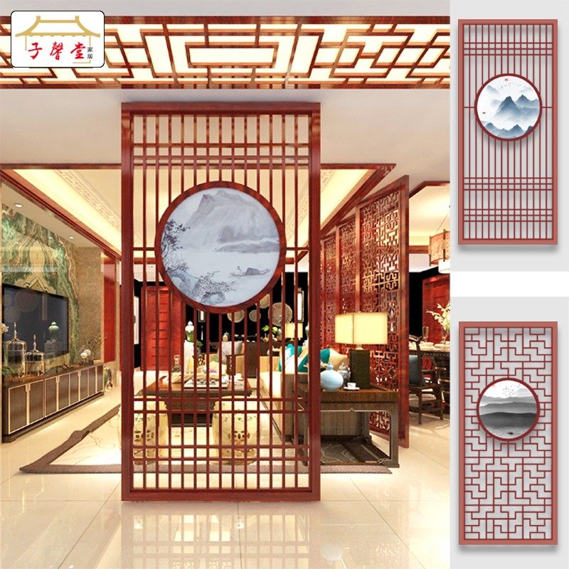 新中式客厅玄关隔断屏风仿古门窗实木花格镂空木雕中式格栅背景墙