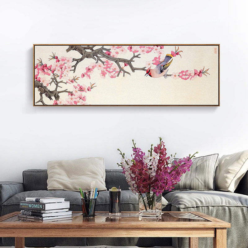 鹊栖桃枝图新中式卧室床头画客厅装饰画沙发背景墙壁画挂画有框