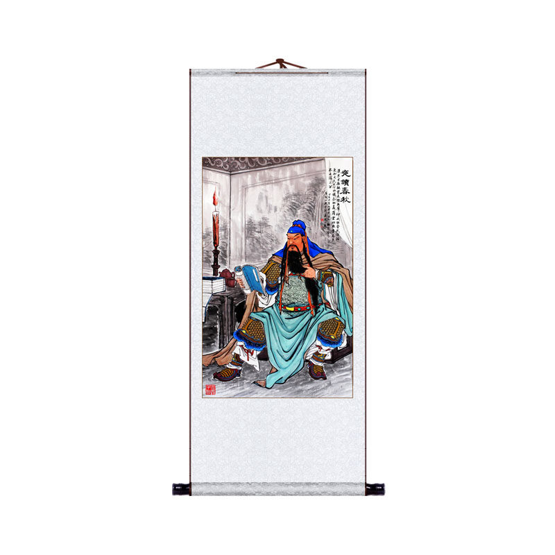 国画关公夜读春秋图关圣大帝绢布卷轴画武财神关羽画像挂轴装饰画