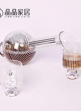 轻奢极简创意透明玻璃酒杯醒酒器金银色条纹酒店餐桌面装饰品摆件