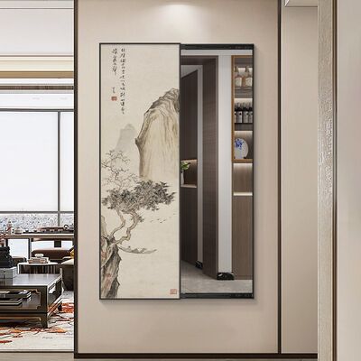 暗藏式推拉镜子定制上墙全身入户玄关装饰画新中式镜子挂画平移式