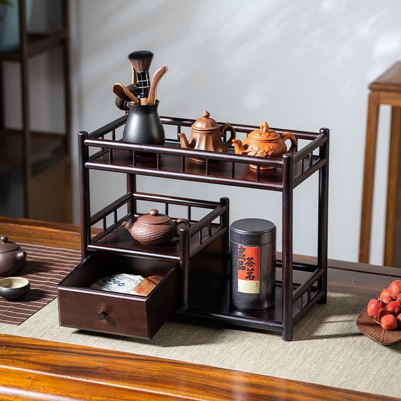 抽屉文玩茶道摆件茶壶茶杯展示收纳架楠竹茶柜茶棚架化妆架书桌架