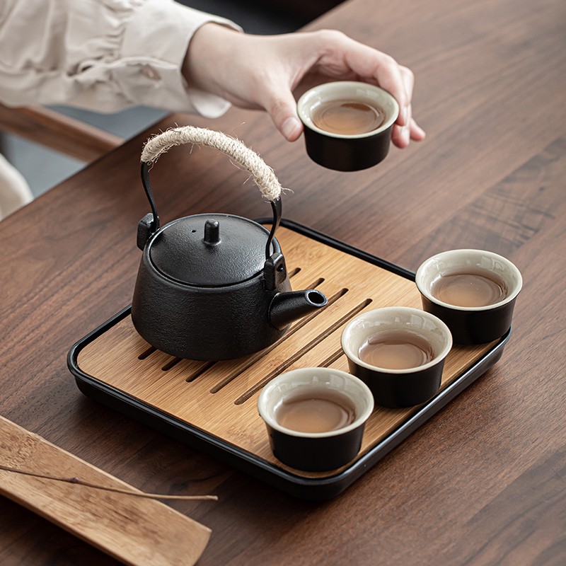 日式复古黑色陶瓷提梁壶功夫茶具小套装家用侧把壶储水式干泡茶盘
