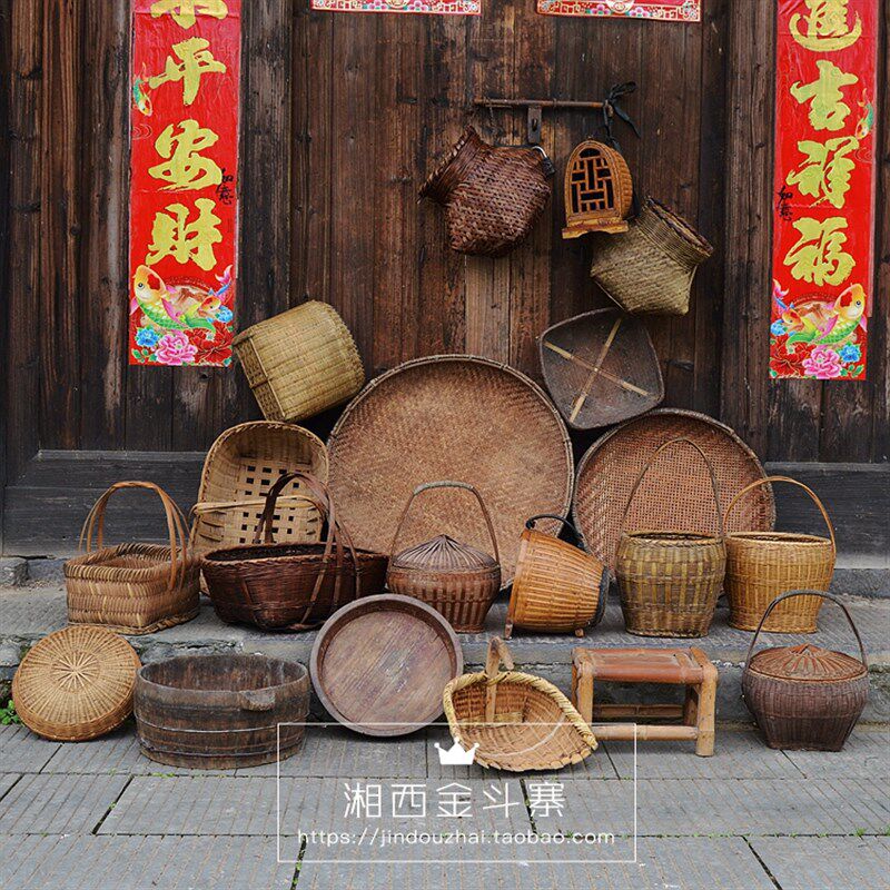 湘西竹箩古典禅意竹编筛子竹筒艺鱼篓花器老竹篮民国旧物复古怀旧