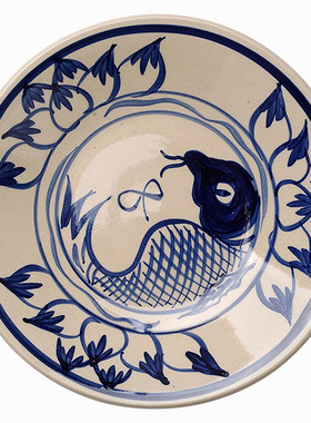 手绘青花陶瓷浅盘子圆形汤盘菜盘鱼盘大盘鸡盘子饭店餐具商用凉菜