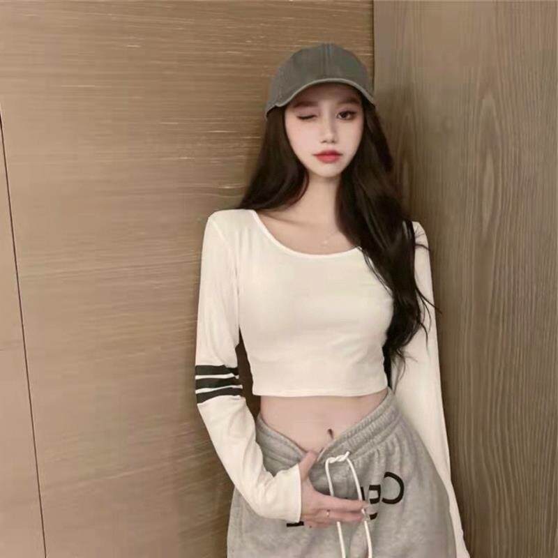 紧身上衣女短款修身打底衫春秋内搭洋气高腰露脐爵士舞长袖白T恤