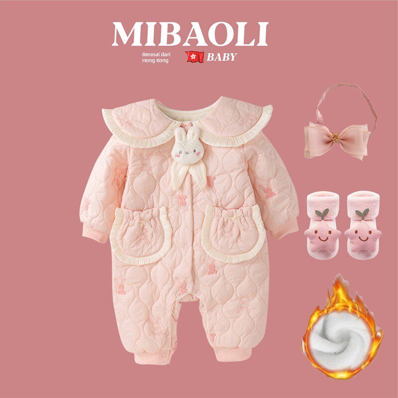 香港MIBAOLI~婴儿秋冬女宝宝连体衣连帽加厚加绒公主满月百天棉服