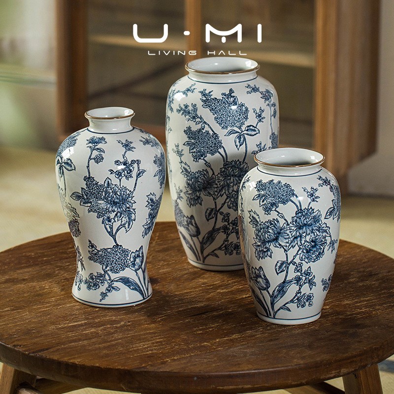 U Mi LIVING芳华花瓶陶瓷新中式客厅花器淡青花瓷摆件客厅