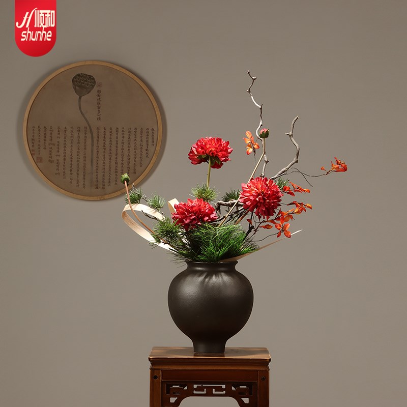景德镇陶瓷干燥花花瓶中式装饰品摆件客厅家居创意复古陶艺插花花