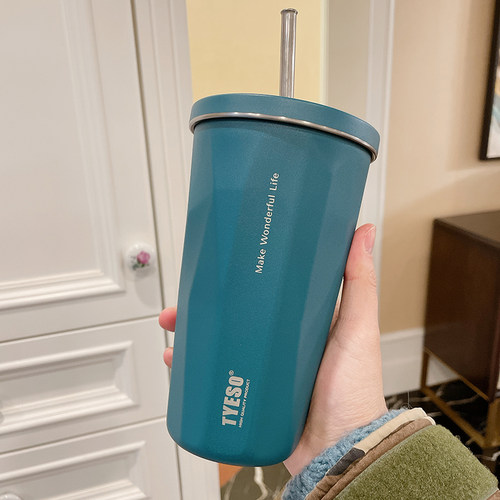 简约不锈钢咖啡杯保温杯女高档精致杯子男便携式外带办公吸管水杯