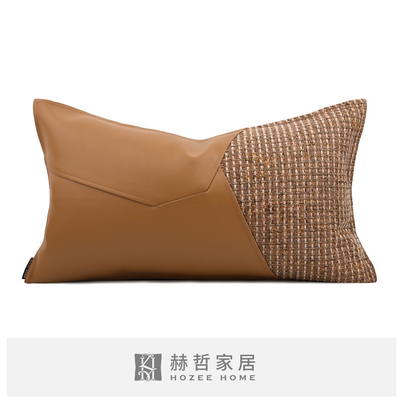 样板房北欧轻奢橘色皮革混纺拼接装饰腰枕抱枕靠垫客厅沙发靠枕套