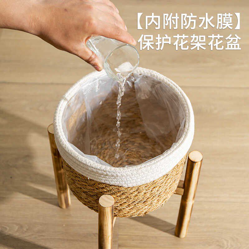 家居木底座花篮白色线圈花盆套饰品手工编织篮子草编篮落地花盆架图片
