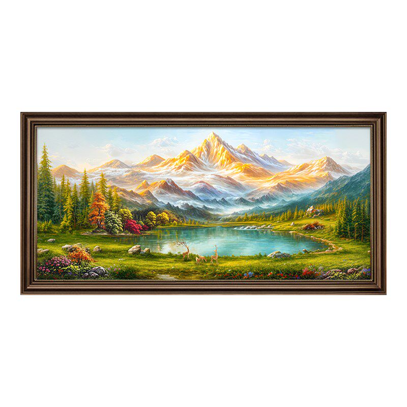 日照金山挂画客厅沙发背景墙装饰画美式手绘油画2024新款复古壁画