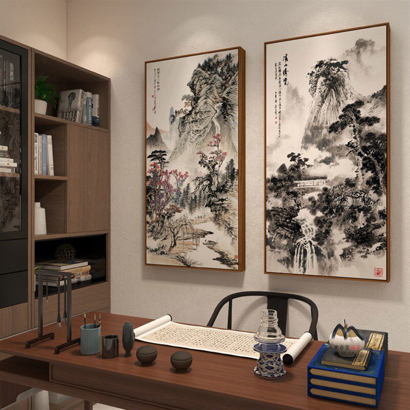 米亦堂x水墨山水 新中式国画客厅办公室餐厅书房玄关电表箱竖挂画