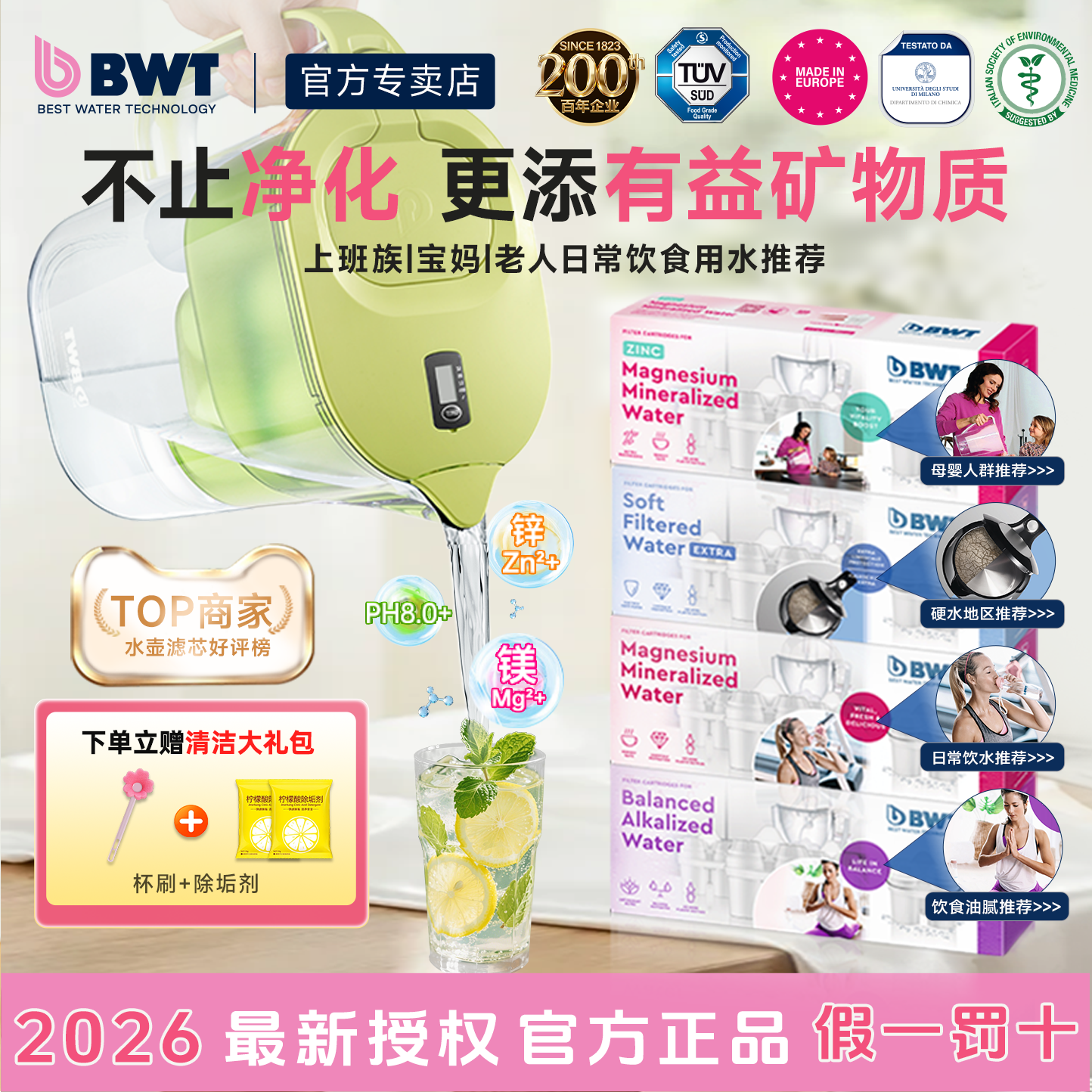 BWT倍世进口净水壶滤芯净饮机过滤水壶通用家用镁离子去水垢余氯