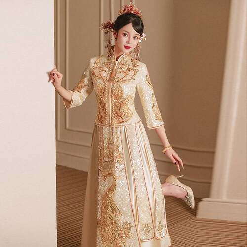 2026新款香槟色秀禾服夏季结婚复古中式大码新娘婚服重工龙凤褂高