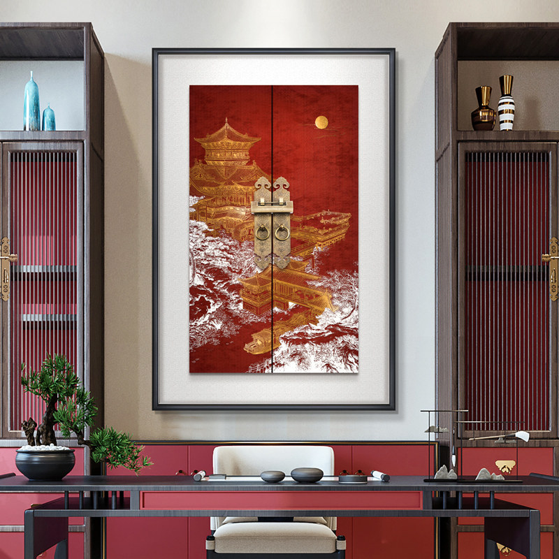 新中式铜门环入户玄关立体浮雕装饰画客厅沙发背景墙风景实物挂画