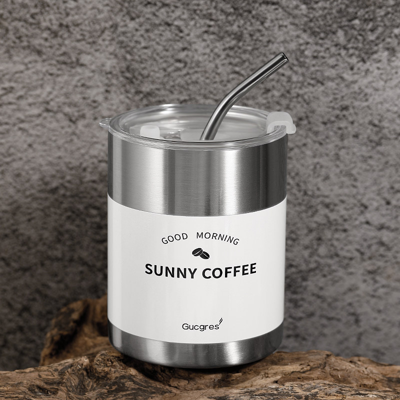 高档咖啡杯随行杯户外美式简约不锈钢杯子金属水杯带盖吸管拿铁杯