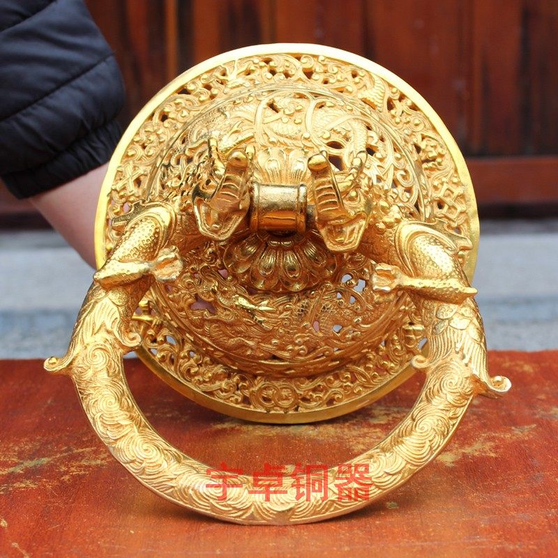 纯铜门环黄铜铺首大门拉手格桑花镂空双龙门环装饰工艺品挂件