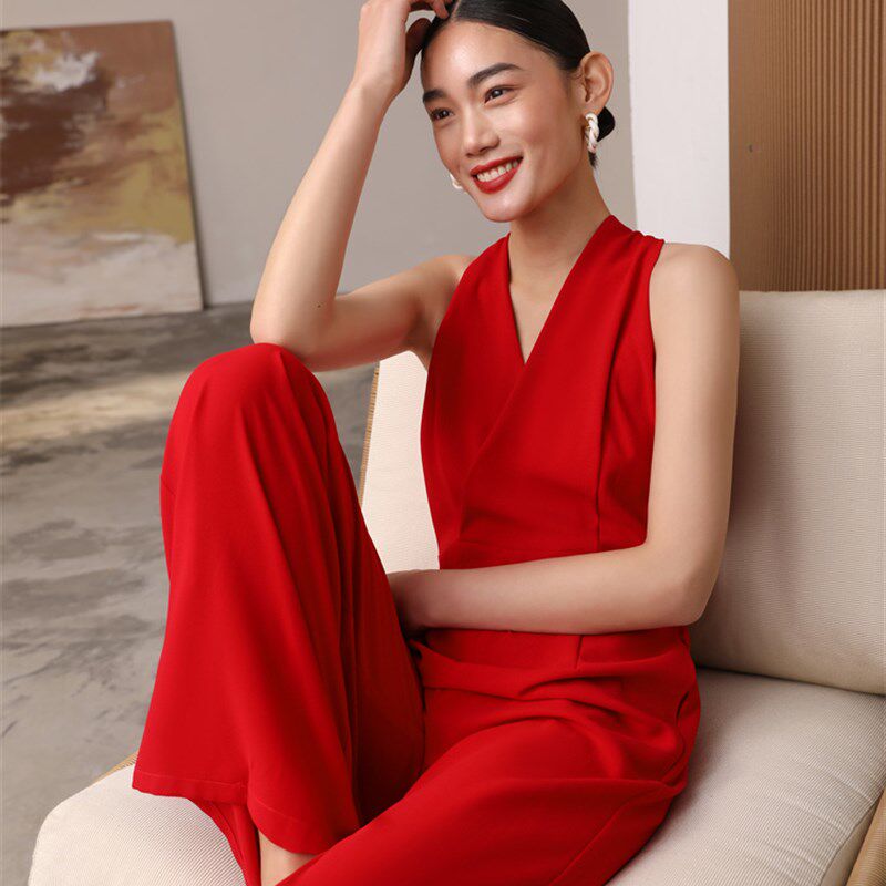 2023新款女夏春红色连衣体裤高级感高端真瘦裤腿阔长裤超雪纺显瘦