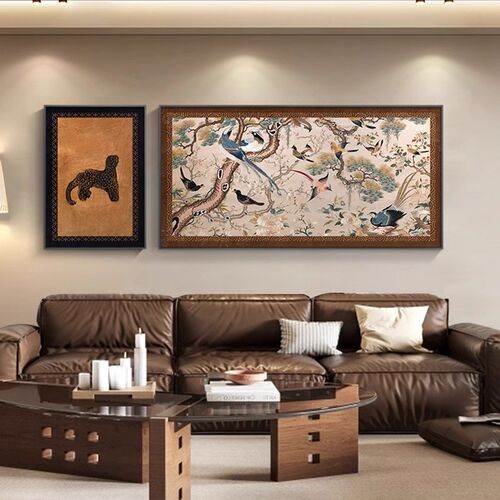 中古风客厅装饰画绿色轻奢沙发背景墙壁画高级感复古艺术挂画双联