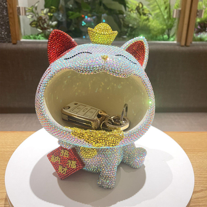 手工贴钻招财猫收纳盒储物箱摆件托盘客厅家居玄关装饰品生日礼物