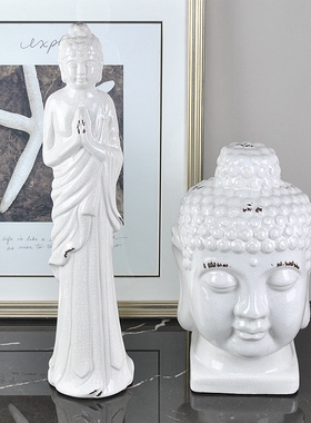 现代新中式陶瓷仿古白色立t佛大佛头摆件家居样板间玄关摆台装饰