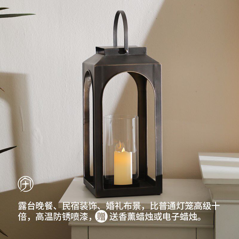 法式复古a铁艺烛台摆件工业风咖啡店氛围灯阳台香薰蜡烛方形风灯
