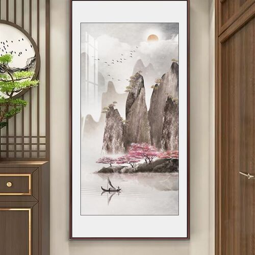 新中式玄关装饰画山水画鸿运当头走廊竖版玄幻挂画办公室茶室壁画