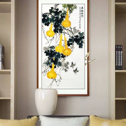 名家手绘国画葫芦图五福临门竖幅中式玄关背景墙装饰画招财挂画