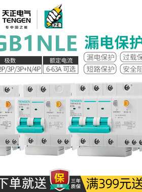 天正TGB1NLE漏保空气开关63A单相2P家用220V电闸漏电保护器断路器