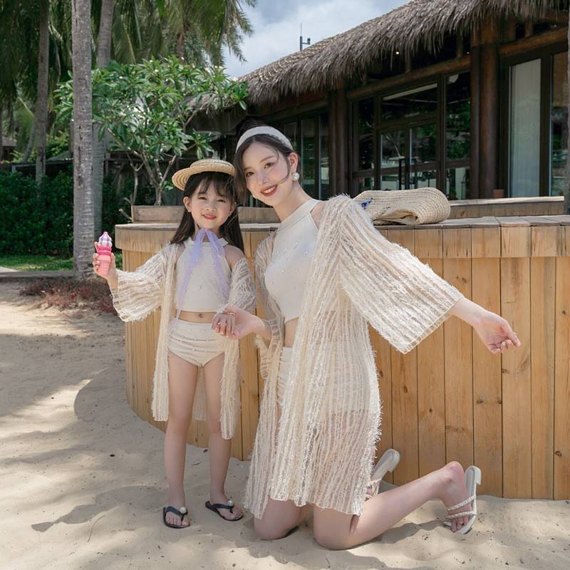 2026新款亲子泳衣女母女分体比基尼三件套保守高腰遮肚运动泡温泉