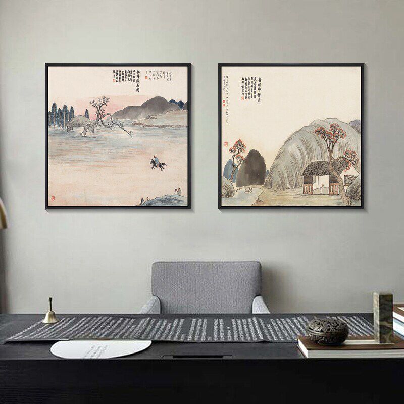 齐白石客厅挂画石门二十四景山水画新中式餐厅装饰画书房水墨国画