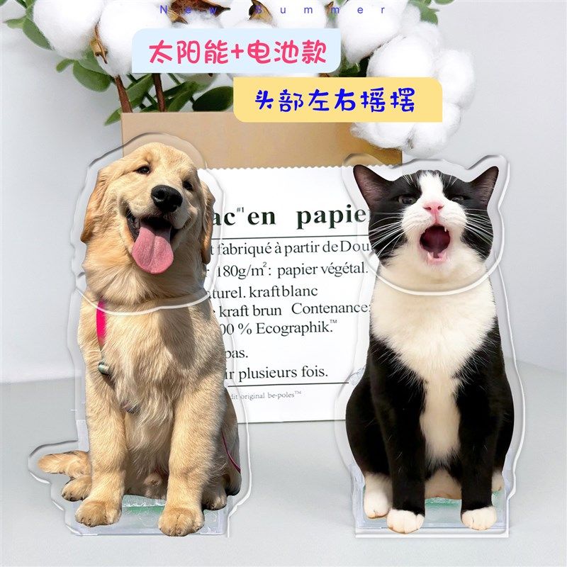 定制自动摇头猫咪摆件宠物狗狗小猫照片头像定做桌面压克力摇摇乐 - 实物图