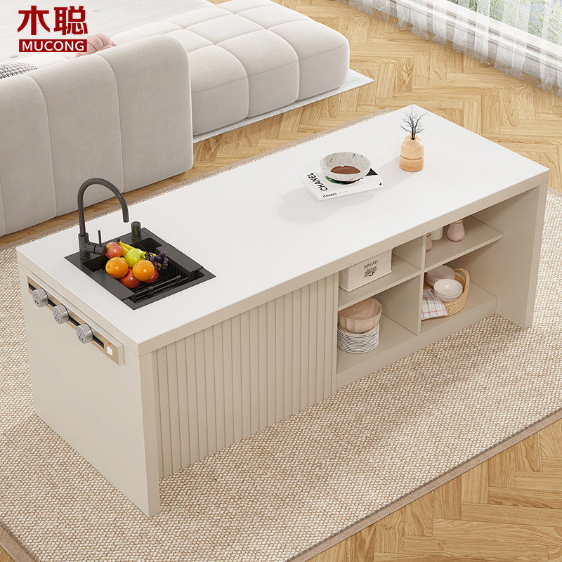 奶油风岩板餐桌中岛台一体小户型家用饭桌子厨房岛台柜茶吧台桌