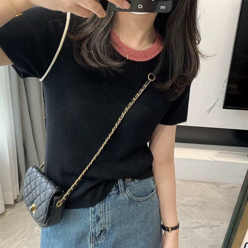 南瓜籽女装定制大码肥妹妹mm学院风撞色圆领春夏宽松显瘦短袖上衣