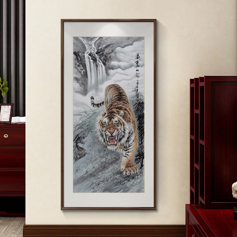 中式上山虎挂画入户玄关走廊楼梯客厅装饰画老虎画猛虎下山图壁画