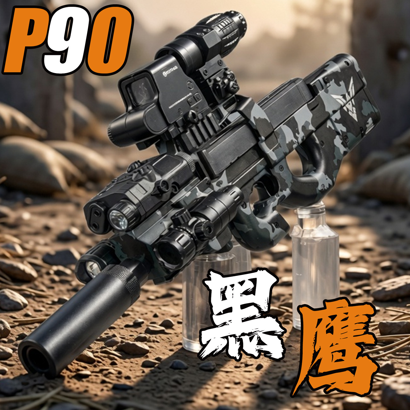 黑鹰P90冲锋枪电动连发自动儿童男孩水晶玩具手自一体轩辕软弹枪
