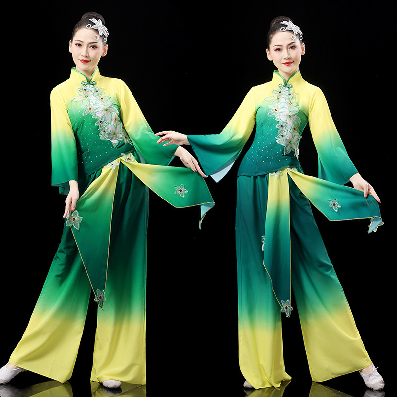 秧歌服演出服2023新款过渡色雪纺飘逸扇子舞手绢舞表演服胶州秧歌