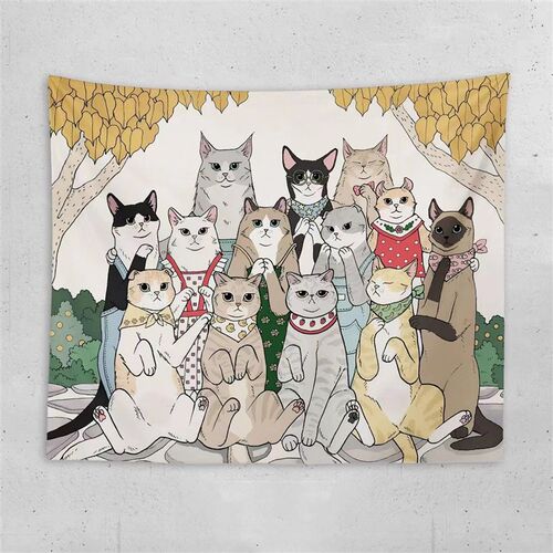 治愈系可爱猫咪插画卧室床头背景布宿舍装饰墙布挂布简约个性挂毯