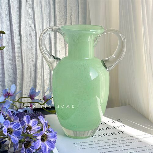 中古轻奢琉璃花瓶高级感双耳客厅插花摆件水培鲜花装饰复古花器